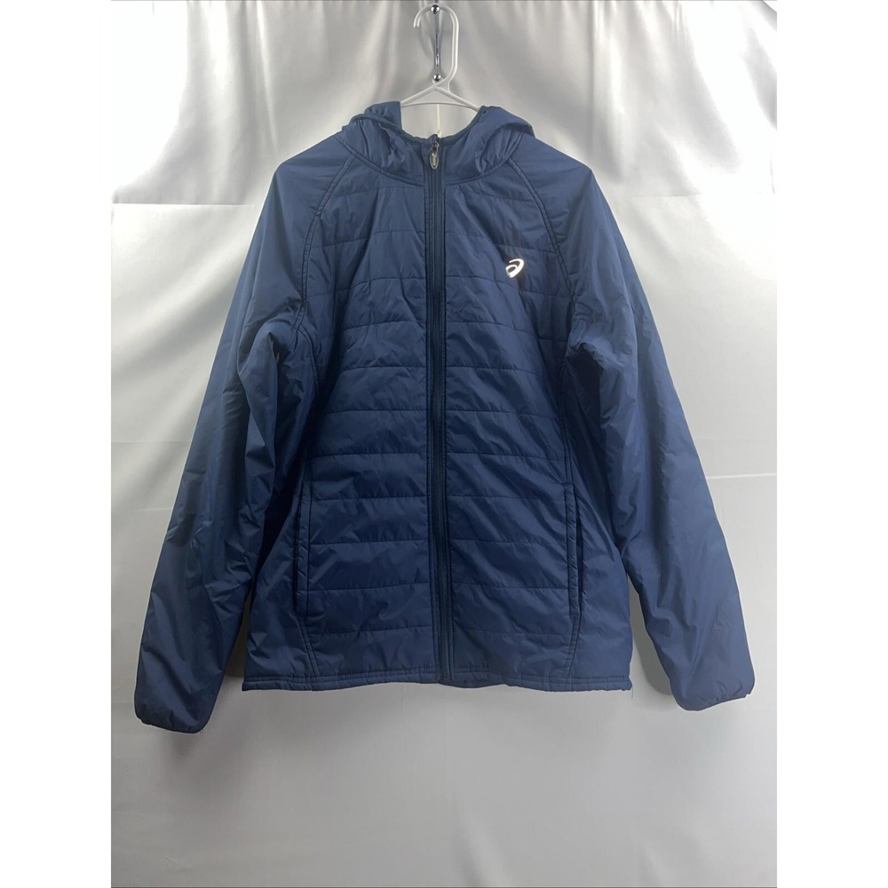 Asics Mens Medium Blue Puffer Jacket Fit Hooded Full Zip Synthetic Fill